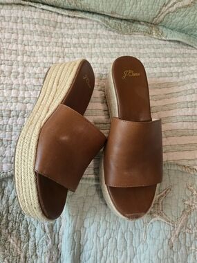 J. Crew Brown Leather Espadrille Slide Wedge Sandals